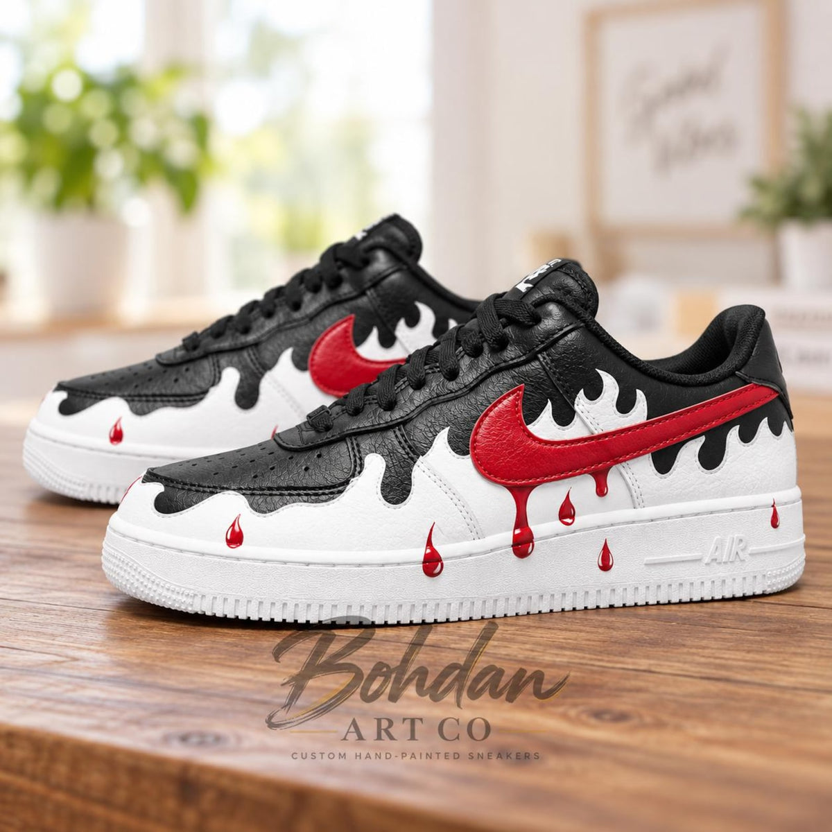 Hand Painted Red Blood Drip AF1 Shoes, Black White Melting Droplet Artwork, Custom Air Force 1, Personalized Boyfriend Gift