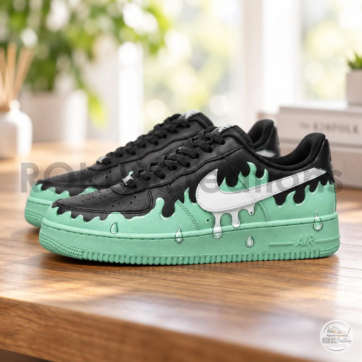 Hand Painted Mint Green Drip AF1 Shoes, Black Melting Slime Droplet Artwork, Custom Air Force 1, Personalized Sneakerhead Gift