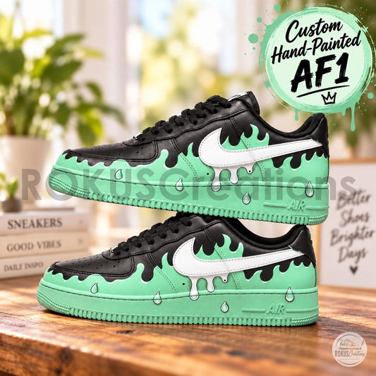 Hand Painted Mint Green Drip AF1 Shoes, Black Melting Slime Droplet Artwork, Custom Air Force 1, Personalized Sneakerhead Gift
