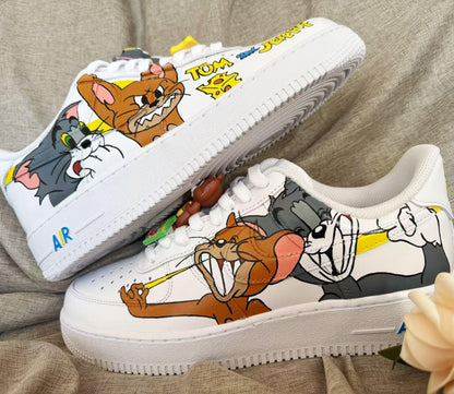 Hand Painted Tom Jerry Air Force 1 Sneakers: Custom Anime Shoes AF1 white personalized gift design wedding fashion trainers