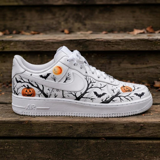 Custom Halloween Horror White and Orange Design Color AF1 Sneakers | Hand Painted Streetwear Footwear