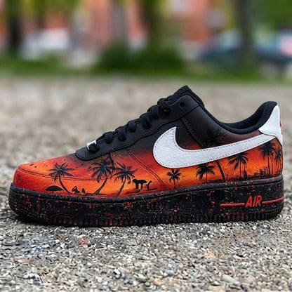 Custom Sunset Fire Beach Design AF1 Sneakers | Hand Painted Streetwear Footwear