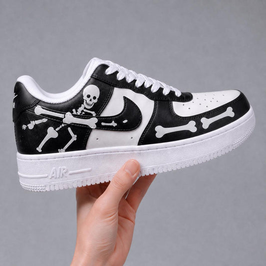 Custom Hand Painted AF1 Sneakers, Skeleton Bone Halloween Shoes, Spooky Black Goth Skull Artwork, Personalized Horror Gift Men Women
