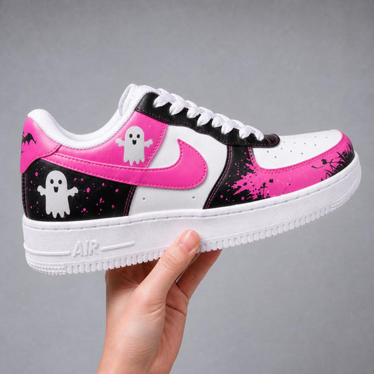 Custom Hand Painted AF1 Sneakers, Pink Ghost Halloween Shoes, Cute Spooky Bat Aesthetic Artwork, Personalized Horror Gift for Women