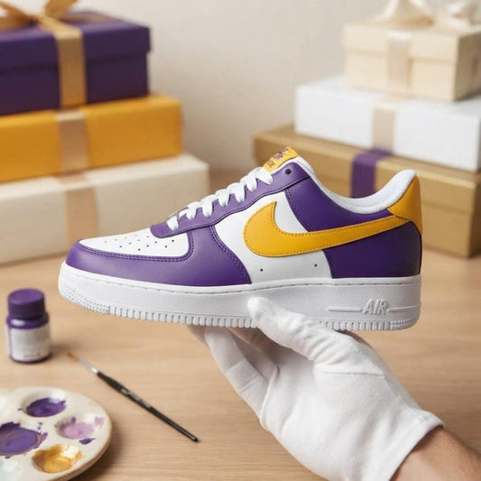 Purple Gold Sports Custom Air Force One, Game Day Kicks, Handcrafted Footwear
