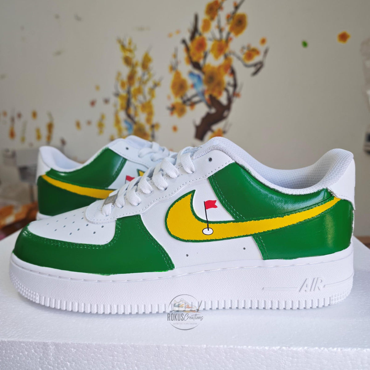 Custom Hand-Painted Green Yellow Golf AF1 Sneakers, Personalized Streetwear Shoes