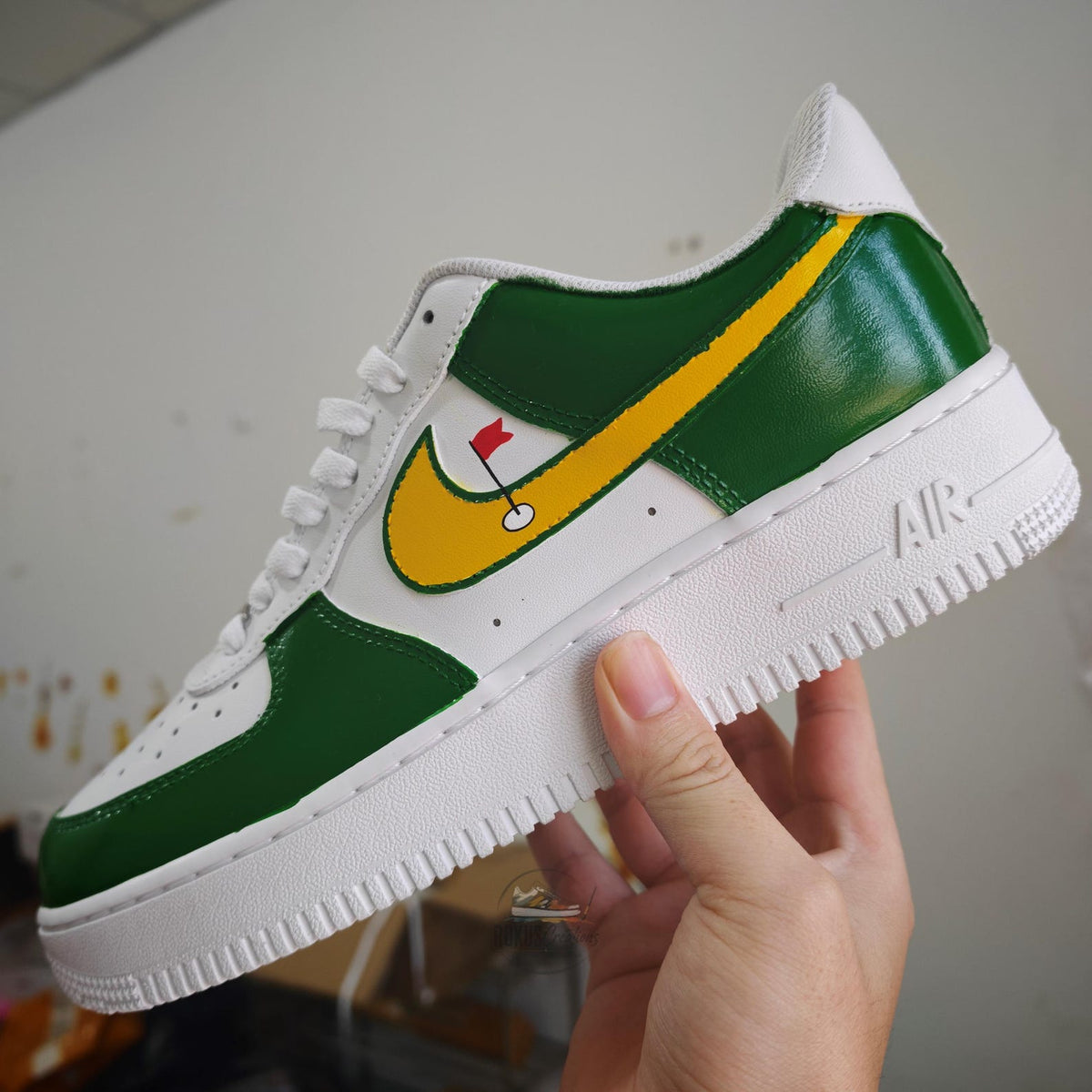Custom Hand-Painted Green Yellow Golf AF1 Sneakers, Personalized Streetwear Shoes