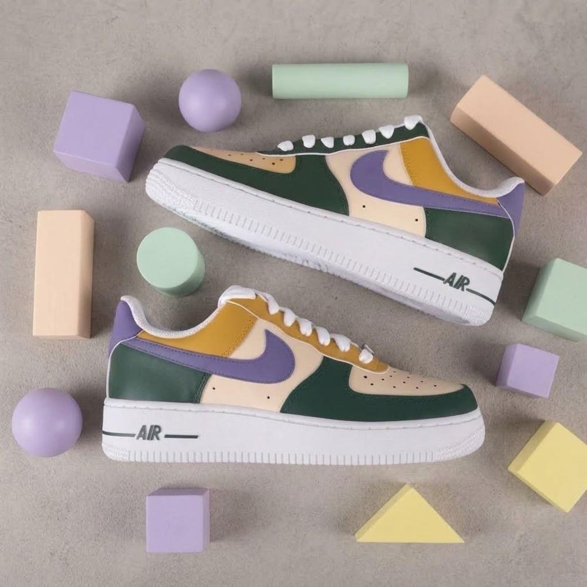 Custom Hand Painted AF1 Sneakers, Earthy Green Purple Gold Color Block Shoes, Pastel Aesthetic Streetwear Art, Personalized Gift Men Women