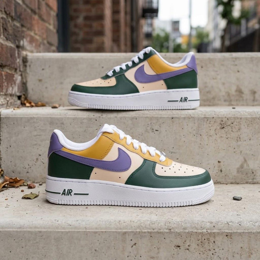 Custom Hand Painted AF1 Sneakers – Earthy Green Purple Gold Color Block Shoes – Pastel Aesthetic Streetwear Art