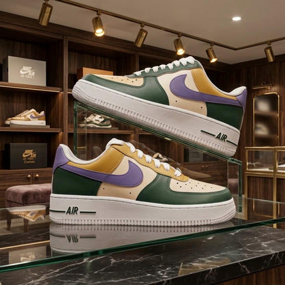 Custom Hand Painted AF1 Sneakers, Earthy Green Purple Gold Color Block Shoes, Pastel Aesthetic Streetwear Art, Personalized Gift Men Women