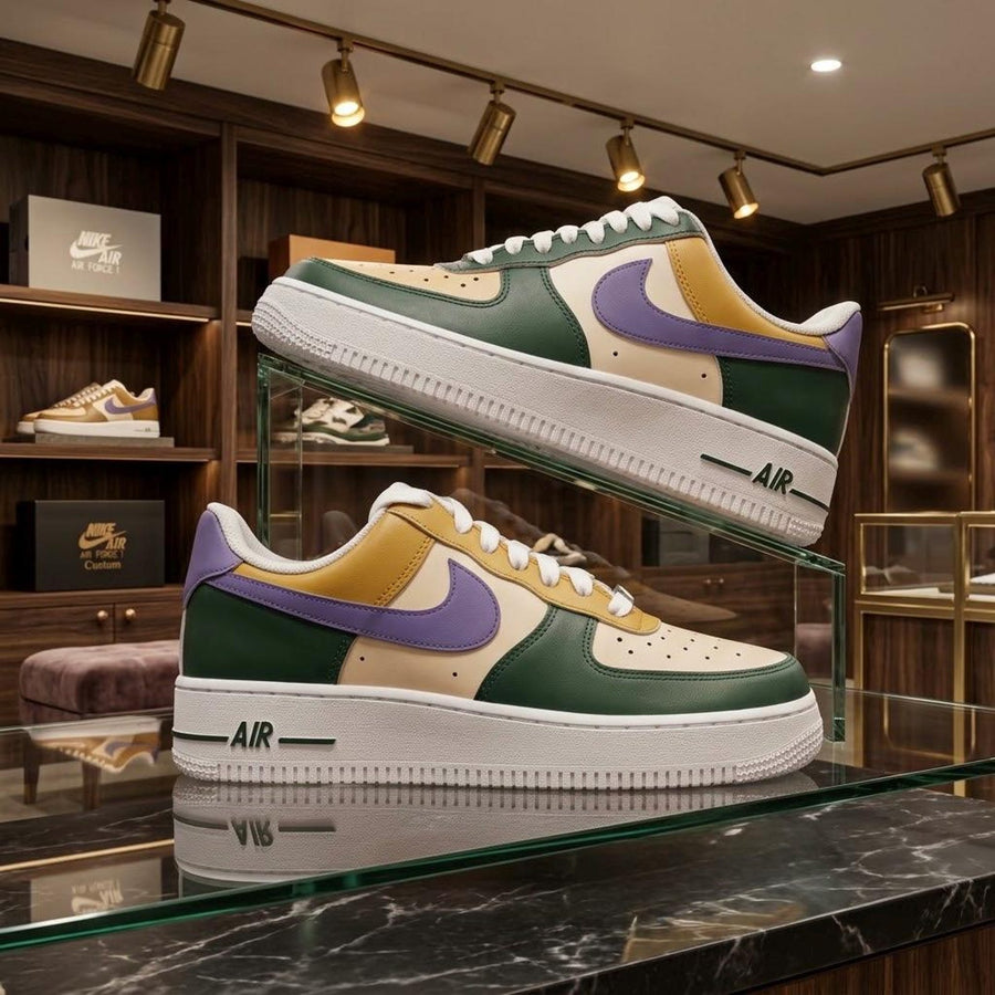 Custom Hand Painted AF1 Sneakers – Earthy Green Purple Gold Color Block Shoes – Pastel Aesthetic Streetwear Art