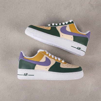 Custom Hand Painted AF1 Sneakers, Earthy Green Purple Gold Color Block Shoes, Pastel Aesthetic Streetwear Art, Personalized Gift Men Women