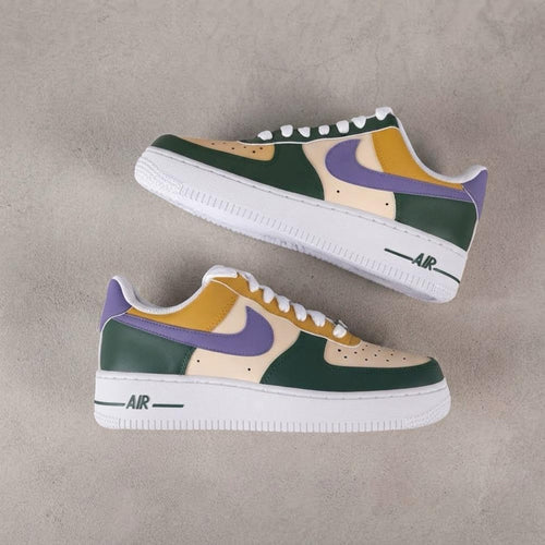 Custom Hand Painted AF1 Sneakers, Earthy Green Purple Gold Color Block Shoes, Pastel Aesthetic Streetwear Art, Personalized Gift Men Women