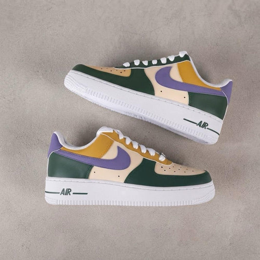 Custom Hand Painted AF1 Sneakers, Earthy Green Purple Gold Color Block Shoes, Pastel Aesthetic Streetwear Art, Personalized Gift Men Women