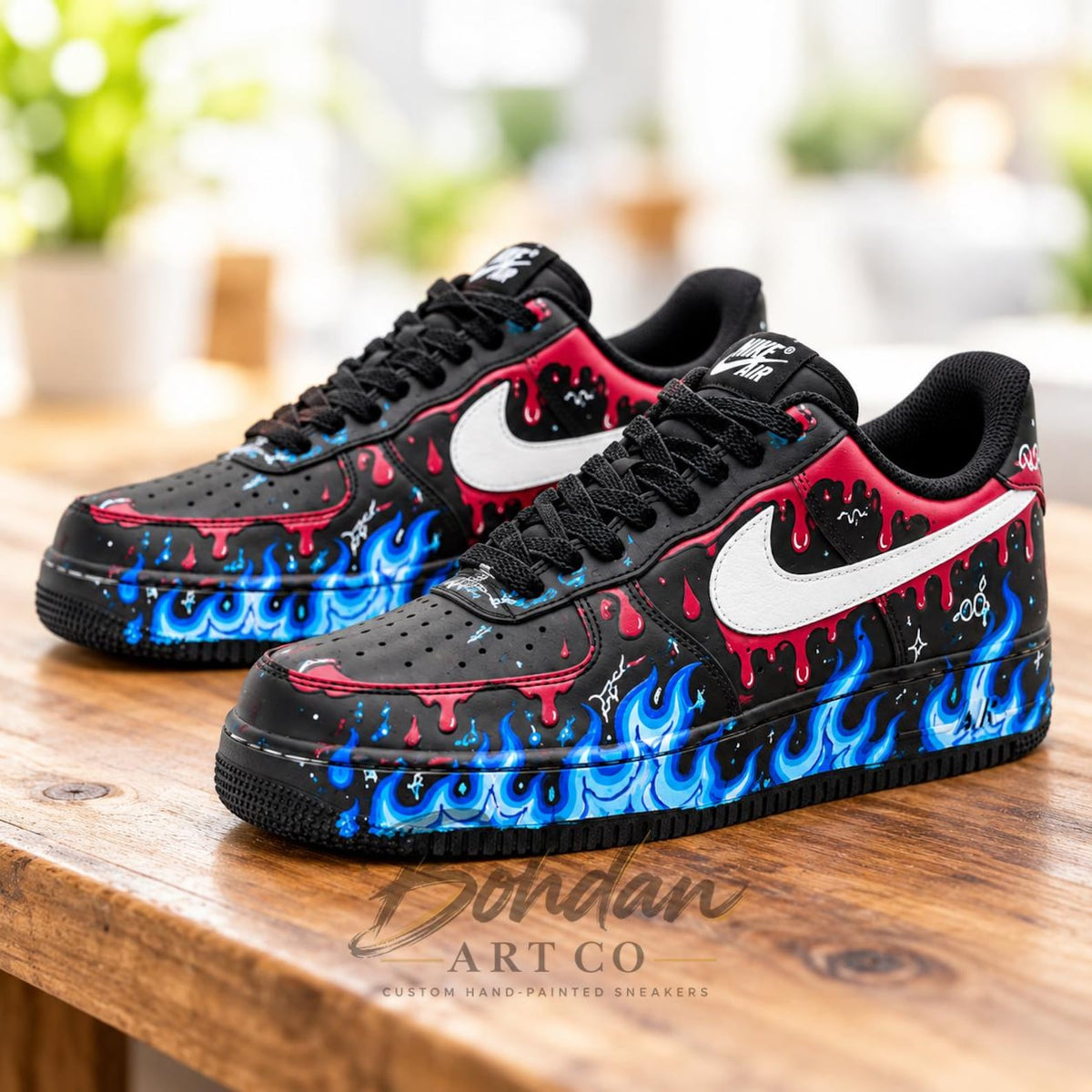 Custom Hand Painted AF1, Blue Flame Red Drip Sneakers, Black Graffiti Shoes, Personalized Streetwear Gift for Him Her
