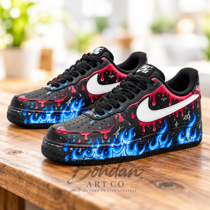 Custom Hand Painted AF1, Blue Flame Red Drip Sneakers, Black Graffiti Shoes, Personalized Streetwear Gift for Him Her