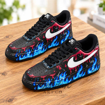 Custom Hand Painted AF1, Blue Flame Red Drip Sneakers, Black Graffiti Shoes, Personalized Streetwear Gift for Him Her