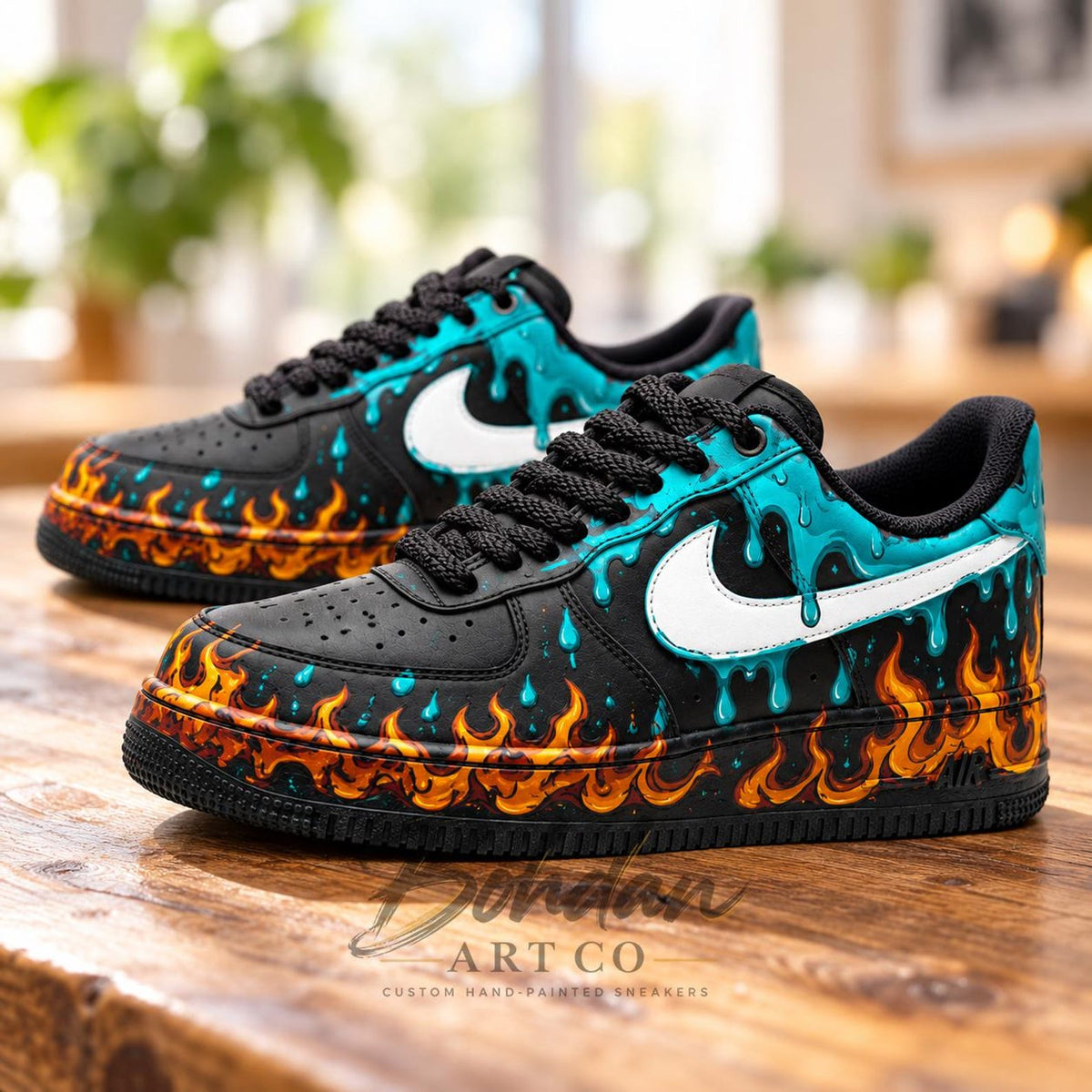 Custom Hand Painted AF1, Orange Flame Teal Drip Sneakers, Black Graffiti Shoes, Personalized Streetwear Gift for Him Her