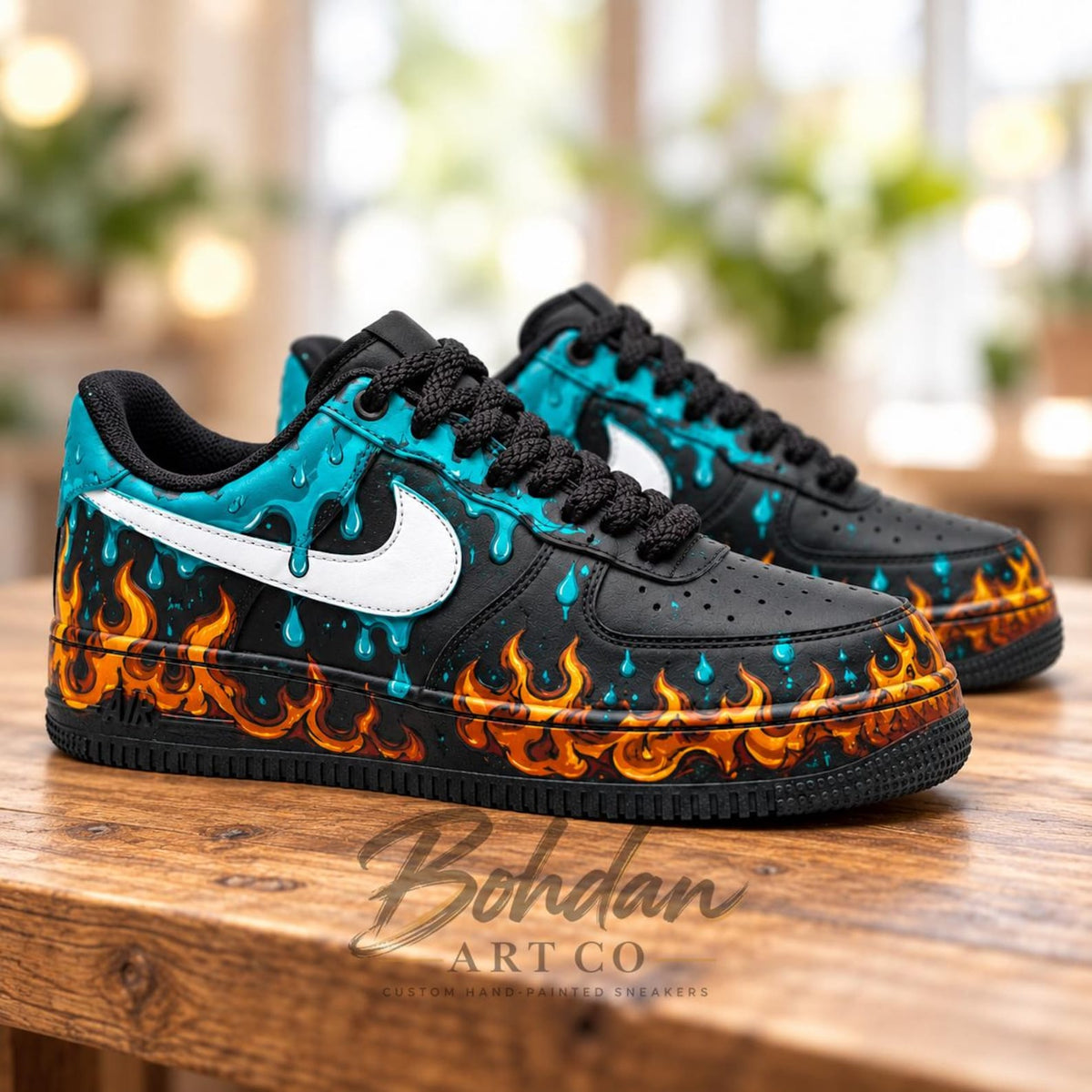 Custom Hand Painted AF1, Orange Flame Teal Drip Sneakers, Black Graffiti Shoes, Personalized Streetwear Gift for Him Her