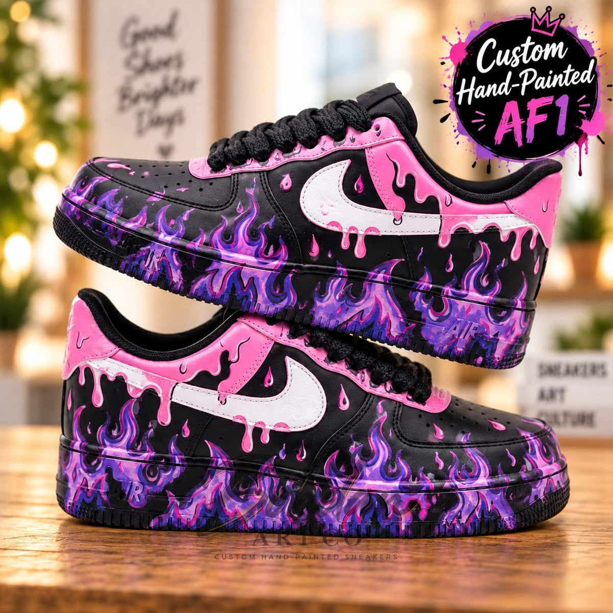 Custom Hand Painted AF1, Pink Drip Purple Flame Sneakers, Black Graffiti Shoes, Personalized Streetwear Gift for Her Him