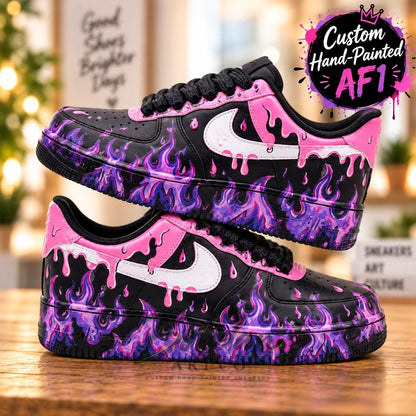 Custom Hand Painted AF1, Pink Drip Purple Flame Sneakers, Black Graffiti Shoes, Personalized Streetwear Gift for Her Him