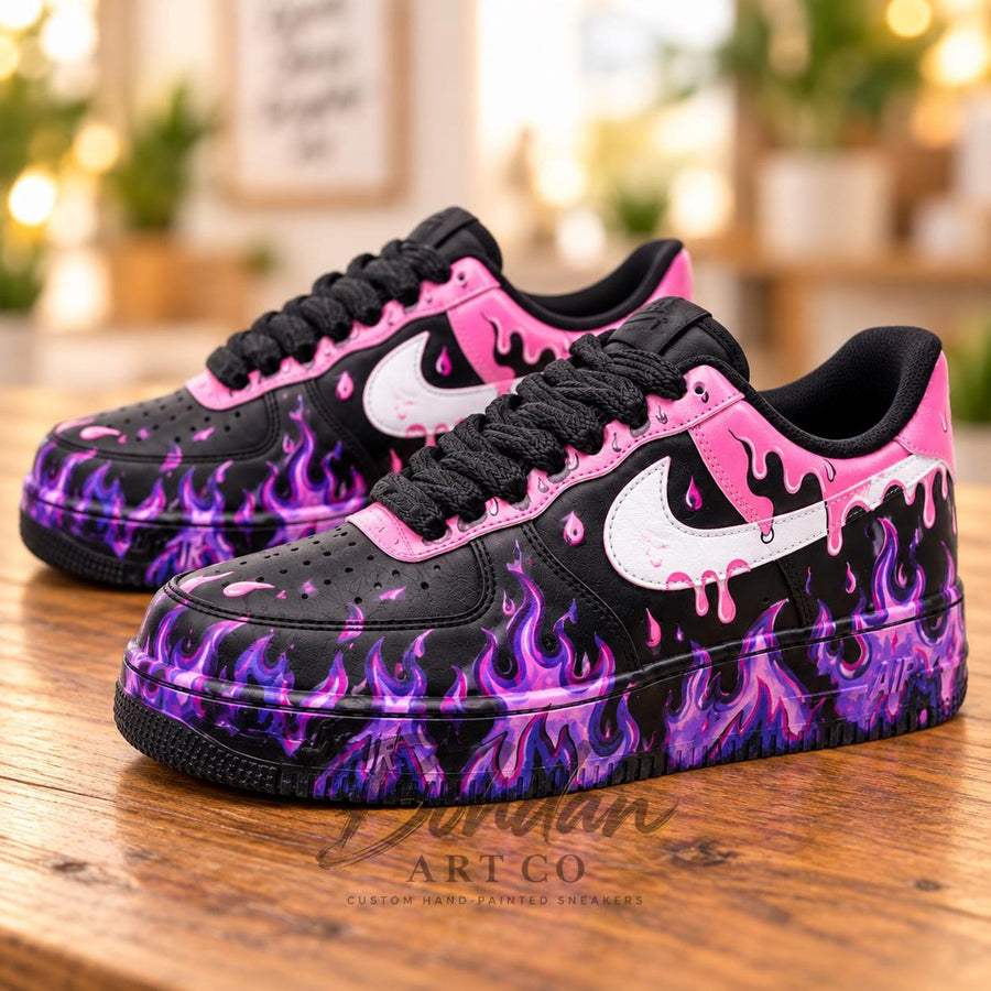 Custom Hand Painted AF1, Pink Drip Purple Flame Sneakers, Black Graffiti Shoes, Personalized Streetwear Gift for Her Him