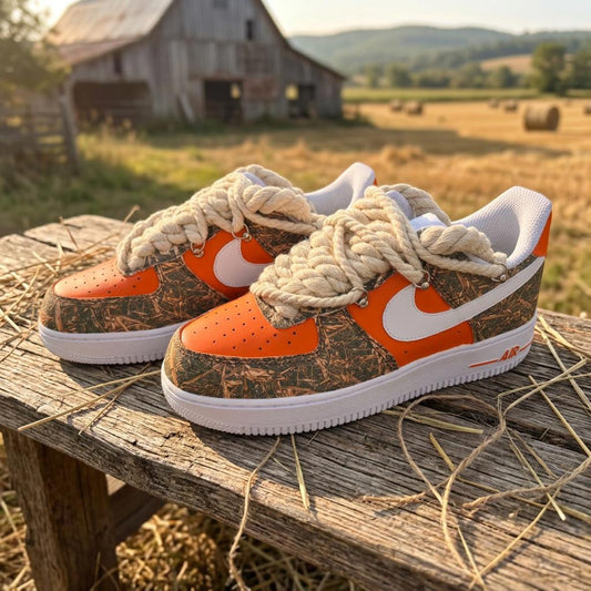Custom Air Force 1 ,Patch Camo Orange Sneakers,Thick Rope Laces AF1,Gift For Him