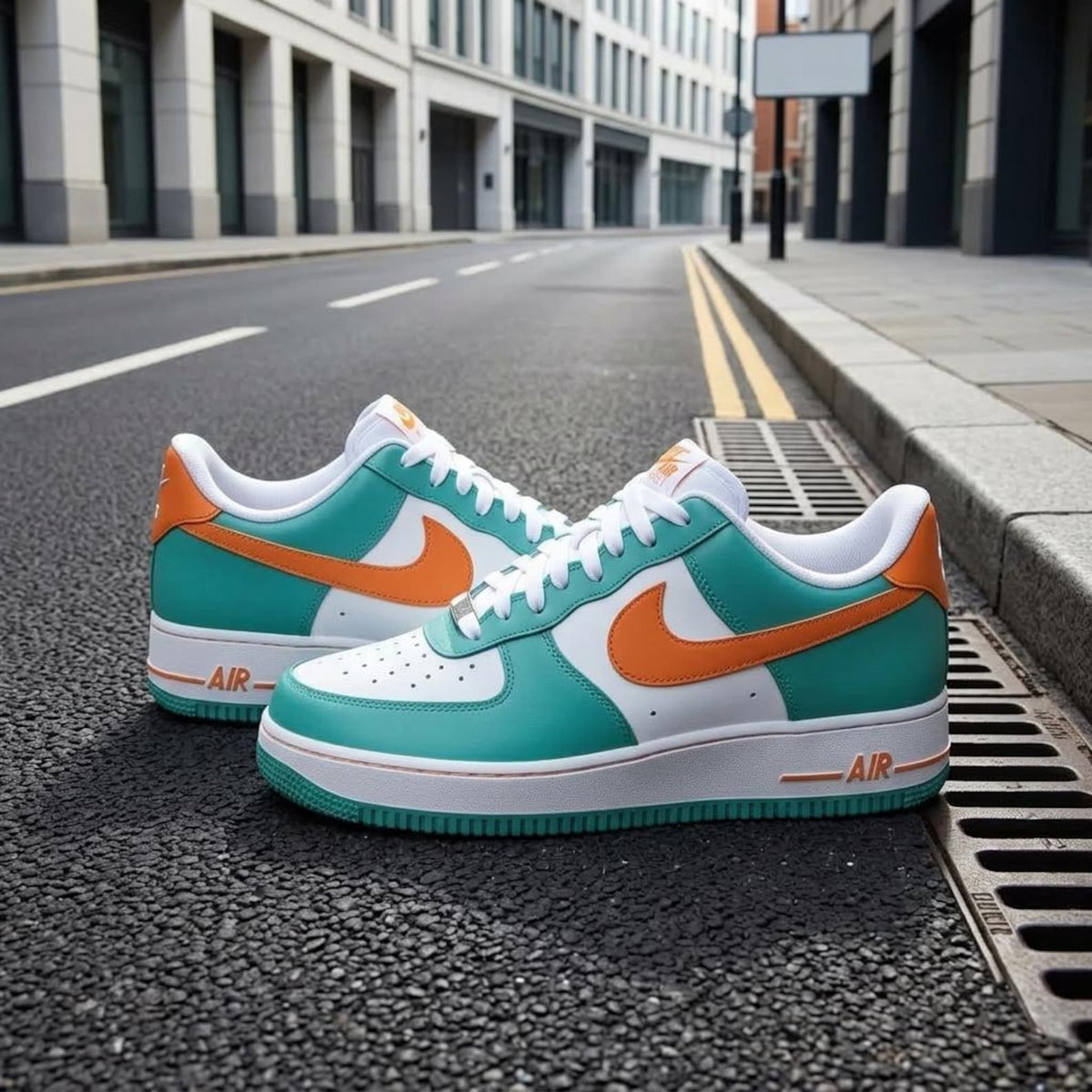 Aqua Orange Sports Custom Air Force One, Game Day Kicks, Handcrafted Footwear