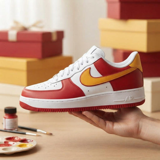 Custom Painted Shoes, Red Gold AF1 Kicks, Handcrafted Athletic Sneakers