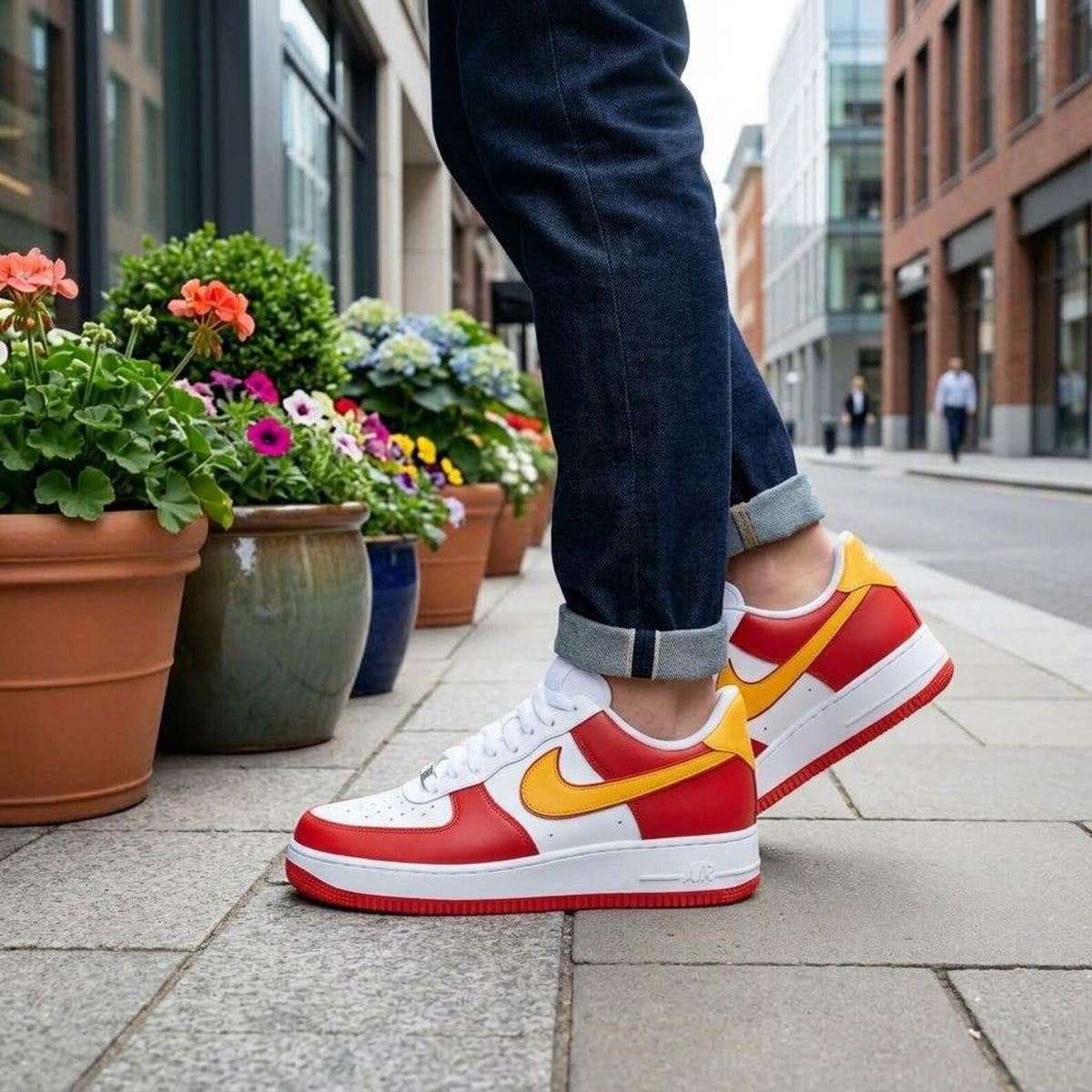Custom Painted Shoes, Red Gold AF1 Kicks, Handcrafted Athletic Sneakers
