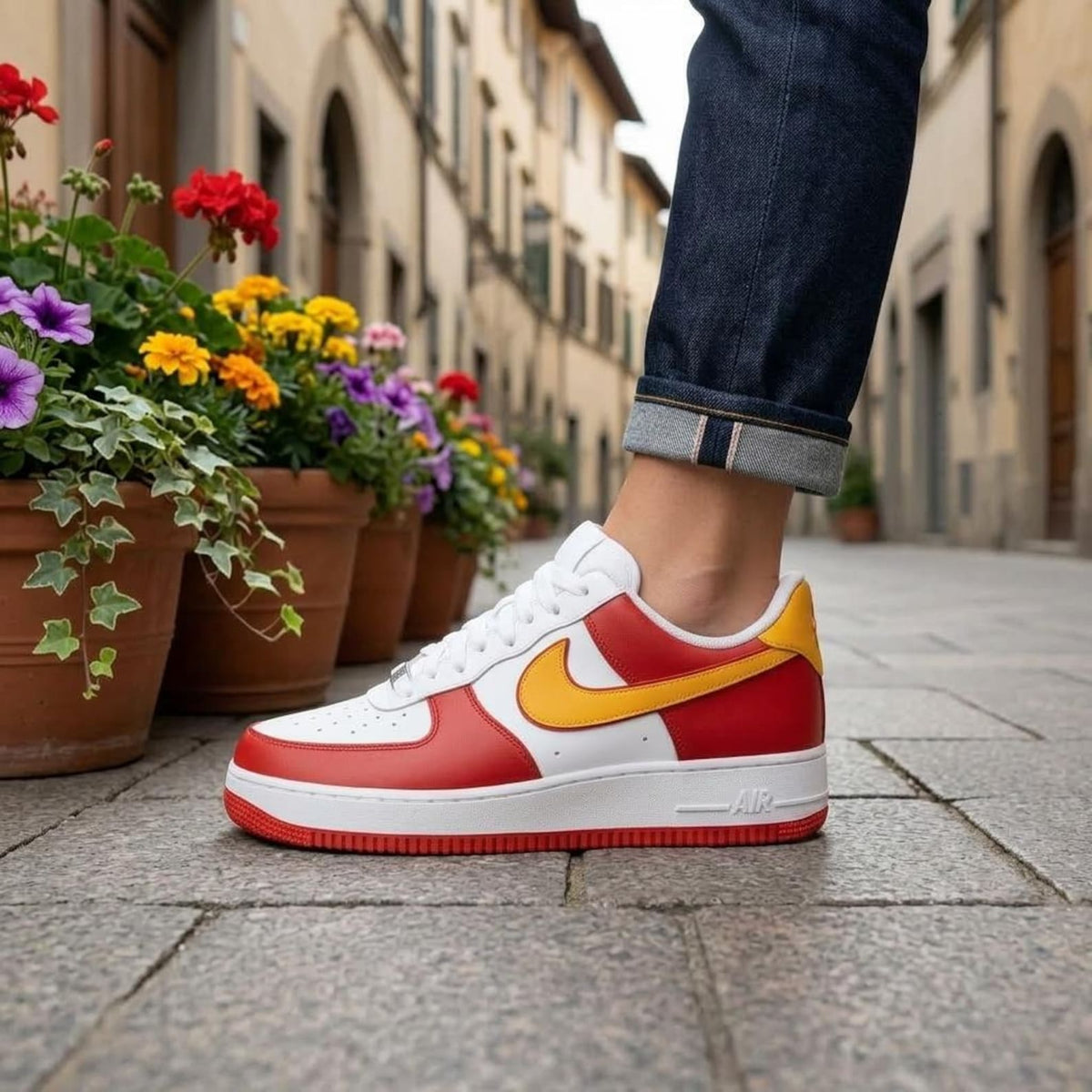 Custom Painted Shoes, Red Gold AF1 Kicks, Handcrafted Athletic Sneakers