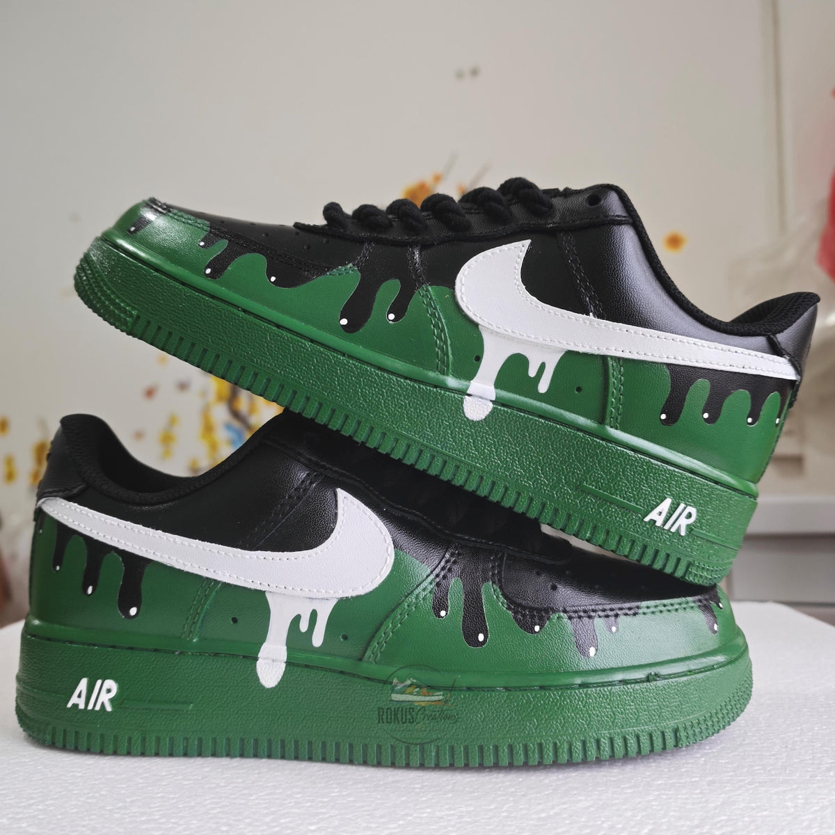Custom Air Force 1 Drip Sneakers Green Black AF1 Shoes, Hand Painted Streetwear Sneakers, Sneakerhead Gift