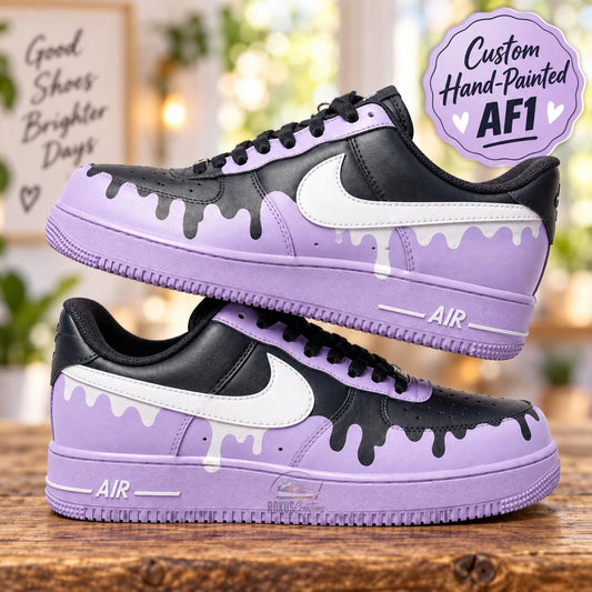 Custom Hand Painted AF1, Purple Black Drip Sneakers, Lavender Streetwear Shoes, Personalized Gift for Him Her