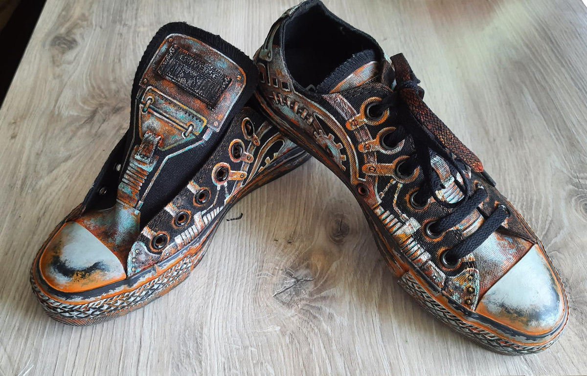 Sneakers, Custom Painted Steampunk Sneakers, Cyberpunk Canvas Shoes, Wearable Art Shoes, Size EU 39 / US Women 8.5 / Men 7 / Teens (25 cm)