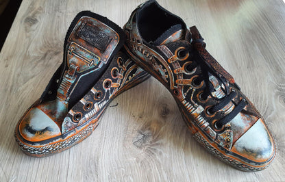 Sneakers, Custom Painted Steampunk Sneakers, Cyberpunk Canvas Shoes, Wearable Art Shoes, Size EU 39 / US Women 8.5 / Men 7 / Teens (25 cm)