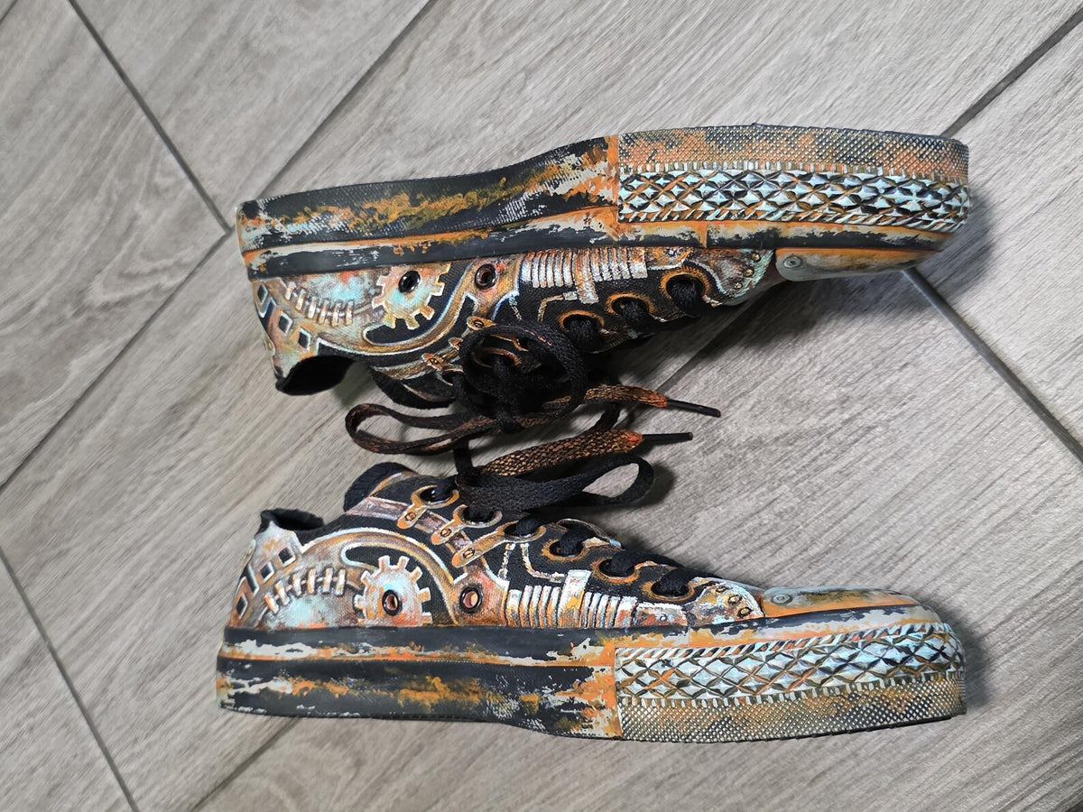 Sneakers, Custom Painted Steampunk Sneakers, Cyberpunk Canvas Shoes, Wearable Art Shoes, Size EU 39 / US Women 8.5 / Men 7 / Teens (25 cm)