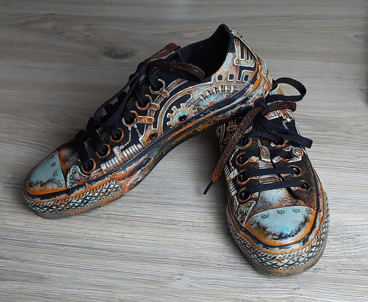 Sneakers, Custom Painted Steampunk Sneakers, Cyberpunk Canvas Shoes, Wearable Art Shoes, Size EU 39 / US Women 8.5 / Men 7 / Teens (25 cm)