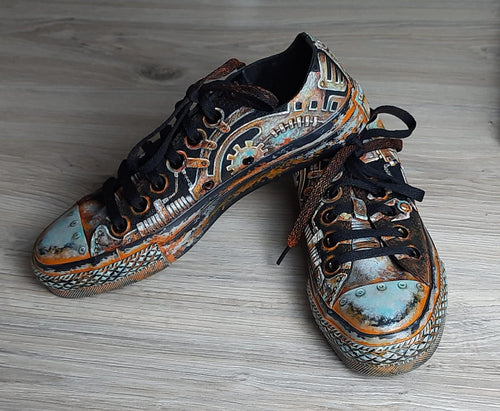 Sneakers, Custom Painted Steampunk Sneakers, Cyberpunk Canvas Shoes, Wearable Art Shoes, Size EU 39 / US Women 8.5 / Men 7 / Teens (25 cm)