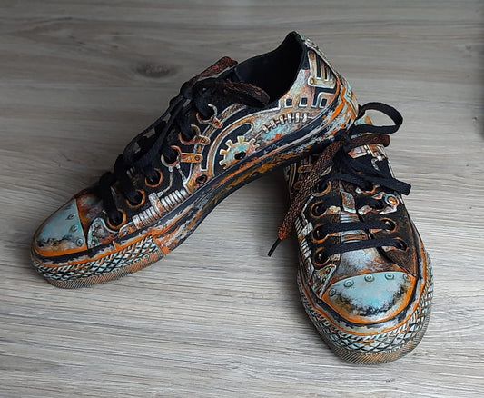 Sneakers, Custom Painted Steampunk Sneakers, Cyberpunk Canvas Shoes, Wearable Art Shoes, Size EU 39 / US Women 8.5 / Men 7 / Teens (25 cm)