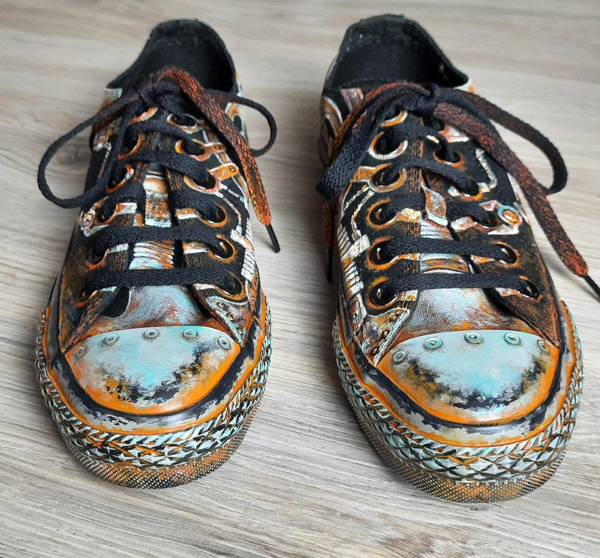 Sneakers, Custom Painted Steampunk Sneakers, Cyberpunk Canvas Shoes, Wearable Art Shoes, Size EU 39 / US Women 8.5 / Men 7 / Teens (25 cm)