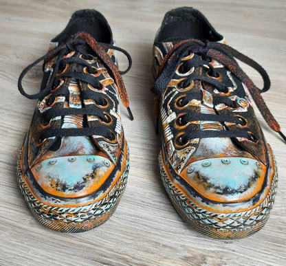Sneakers, Custom Painted Steampunk Sneakers, Cyberpunk Canvas Shoes, Wearable Art Shoes, Size EU 39 / US Women 8.5 / Men 7 / Teens (25 cm)