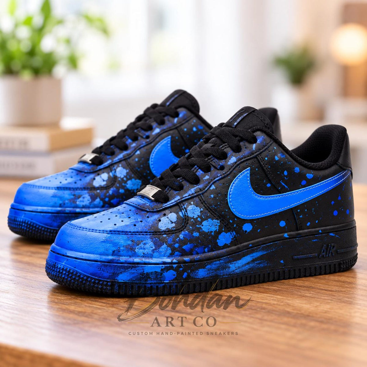 Custom Hand Painted AF1, Blue Splatter Sneakers, Black Graffiti Shoes, Electric Blue Streetwear Gift for Him Her