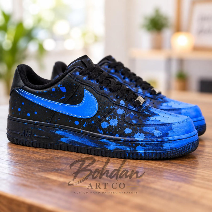 Custom Hand Painted AF1, Blue Splatter Sneakers, Black Graffiti Shoes, Electric Blue Streetwear Gift for Him Her