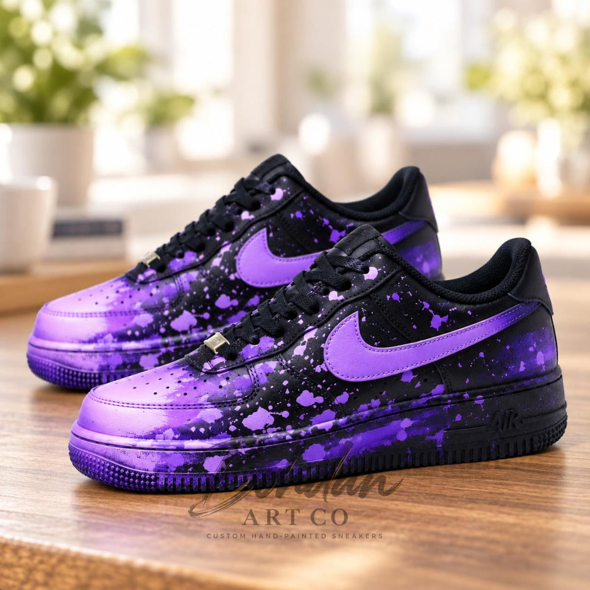 Custom Hand-Painted AF1 Sneakers, Black Purple Splatter Graffiti Shoes