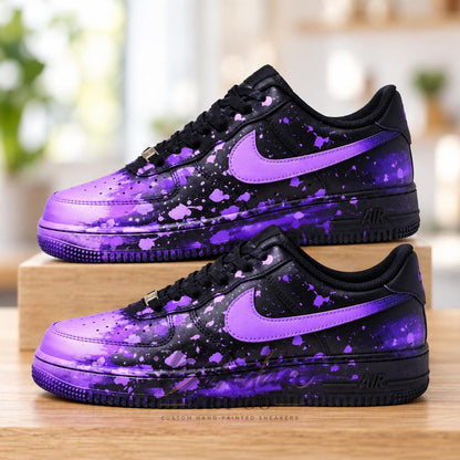 Custom Hand-Painted AF1 Sneakers, Black Purple Splatter Graffiti Shoes