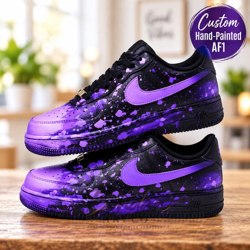 Custom Hand-Painted AF1 Sneakers, Black Purple Splatter Graffiti Shoes