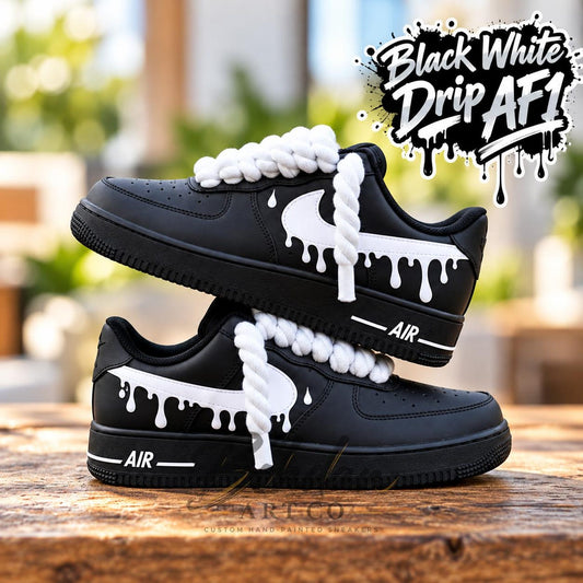 Custom Hand Painted White Drip AF1 Sneakers, Black White Streetwear Kicks, Chunky Lace Custom Sneaker Gift for Her