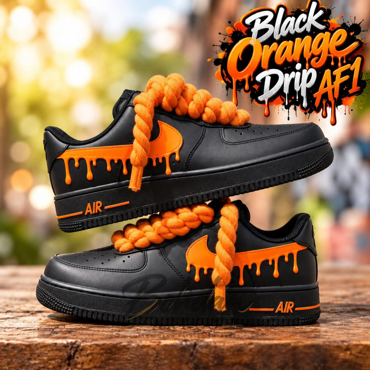 Custom Hand-Painted Black Orange Drip AF1 Sneakers, Chunky Lace Streetwear Kicks