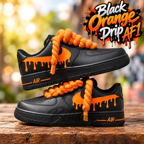 Custom Hand-Painted Black Orange Drip AF1 Sneakers, Chunky Lace Streetwear Kicks
