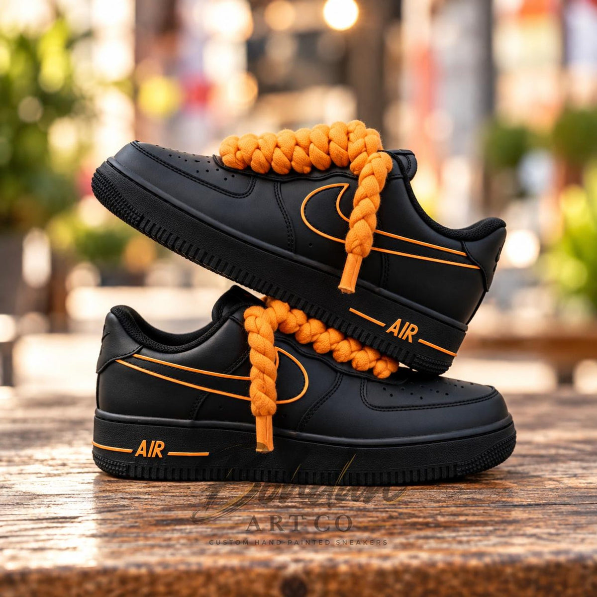 Custom Hand-Painted Black Orange Drip AF1 Sneakers, Chunky Lace Streetwear Kicks